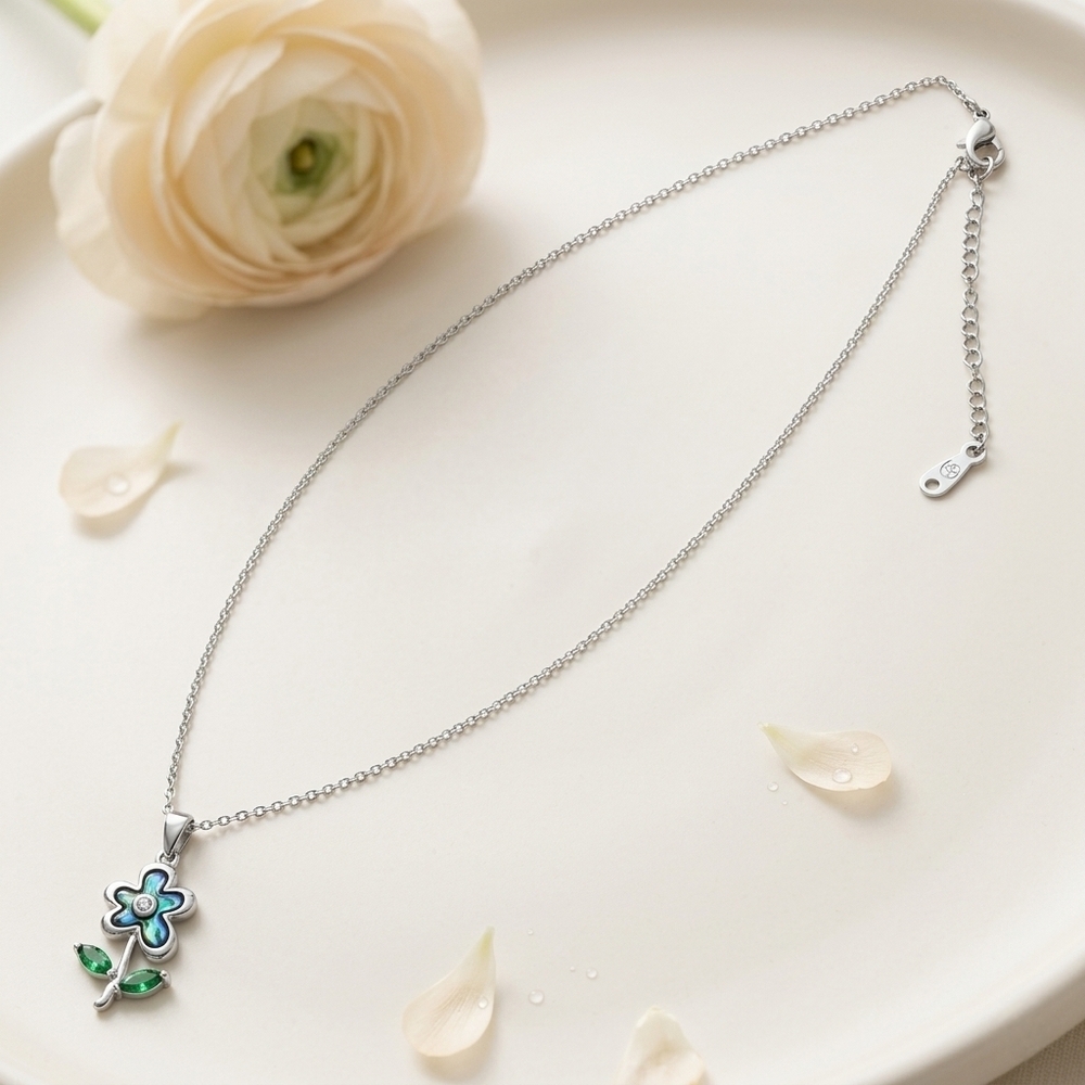 18K White Gold Plated Abalone Shell Floral Necklace Green Zirconia CZ Adjustable - Picture 9 of 15
